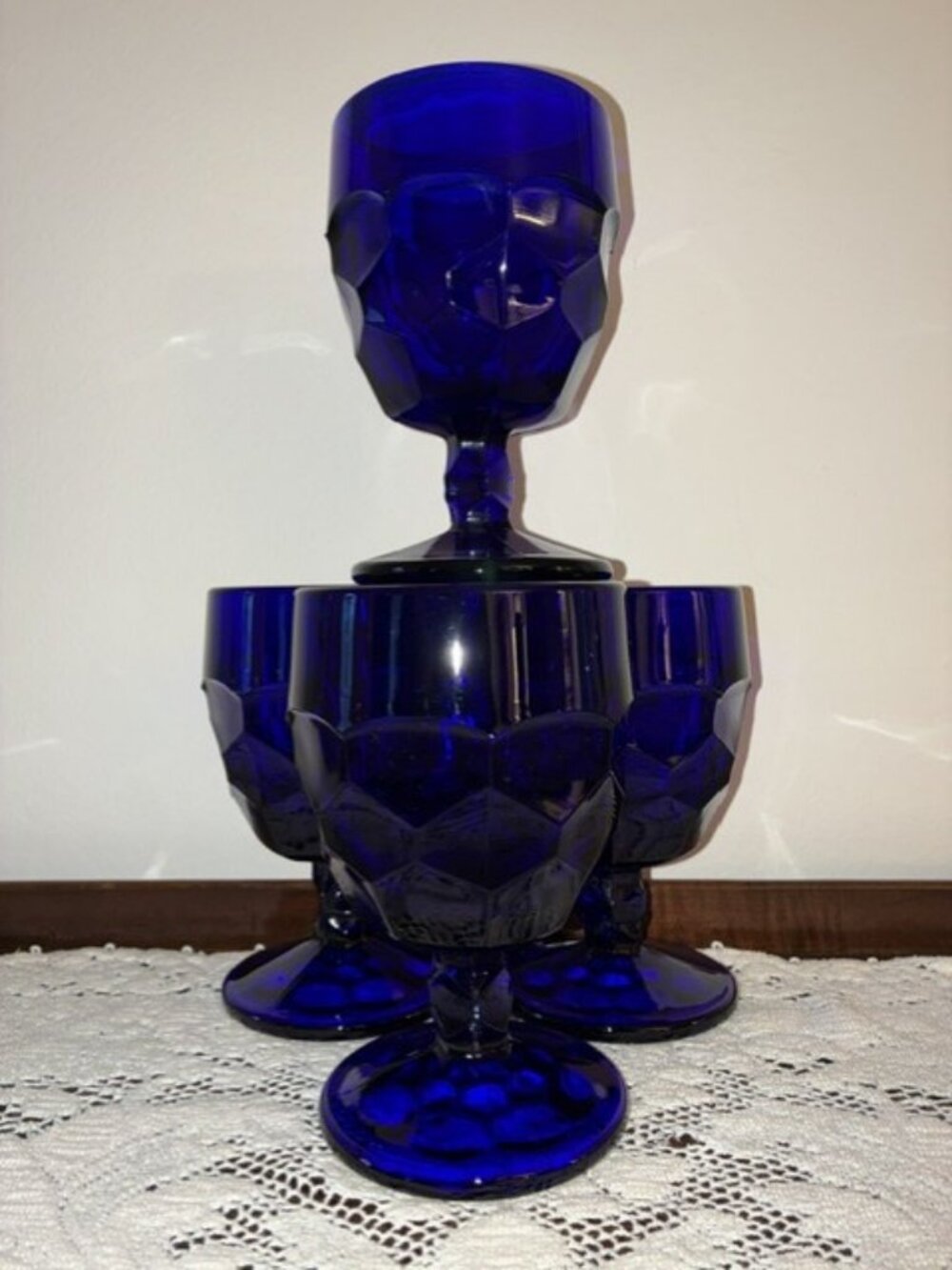 Set of 4 Viking Glass Georgian Faceted Geometric Cobalt Blue Water Goblets